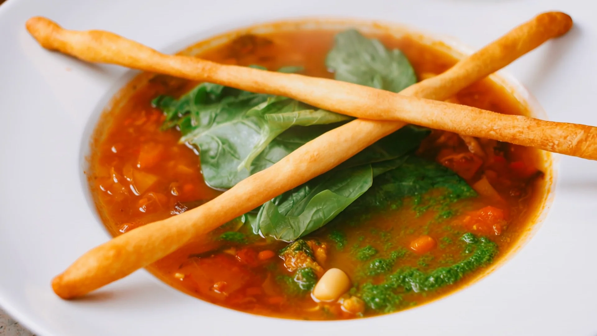 Il minestrone nel piatto: il cucchiaio porta il pesto e lo scioglie nel brodo